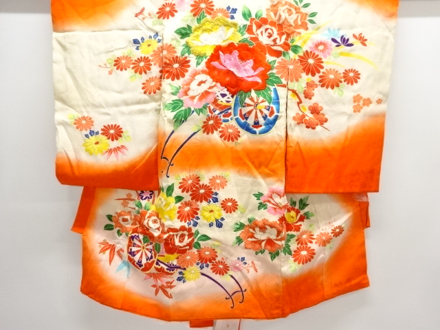 JAPANESE KIMONO / ANTIQUE HANAGURUMA PATTERN EMBROIDERED KIMONO (WITH 